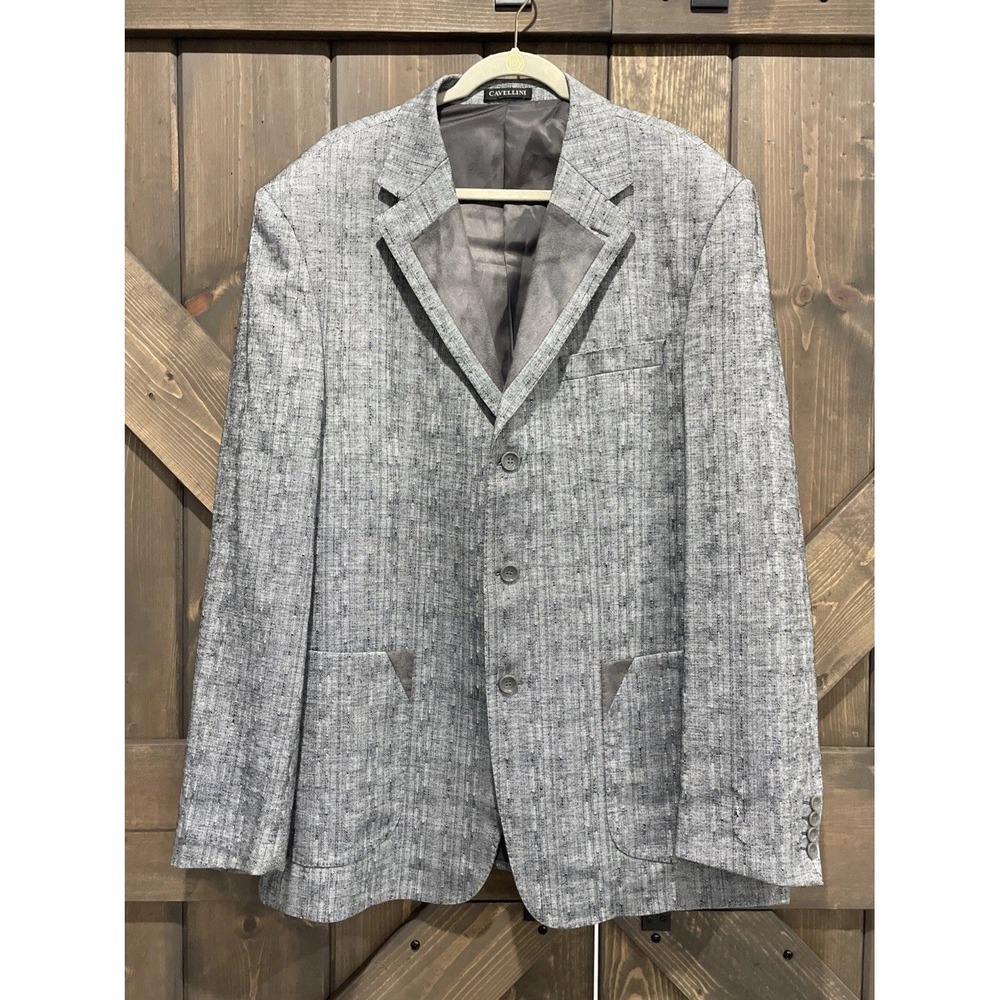 Italy Cavellini Linen Sports Coat Blazer 3 Buttons Gray Suede Accents Mens Sz 50
